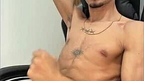 A young guy with a hairy dick cumms a lot