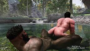 Outdoor fun at the pond in the world of Skyrim, a perfect spot for gay adventures