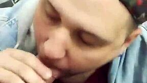 Gay guy gives blow job on a fire escape in the shopping mall