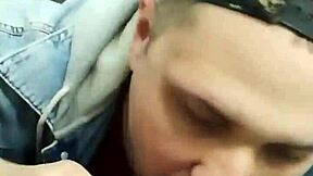 Gay guy gives blow job on a fire escape in the shopping mall