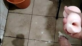 Masturbating huge cock with toy—imagine it’s your mouth.