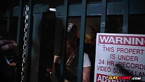 Officer's dick sucked by two kinky guys in the open air