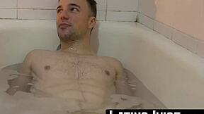 Horny jock masturbates and gets drilled by muscle hunk