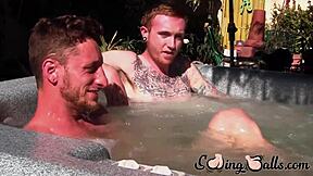 Ginger guy gets out of jacuzzi to wank his dick with lover