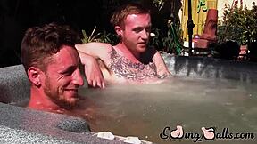 Ginger guy gets out of jacuzzi to wank his dick with lover