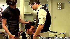 wild threesome with office twinks doing anal and blowjobs