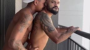 Wow, pounding hard on the building balcony with intense action! Who’s watching?