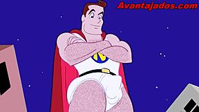 Cartoon hero showing off in gay action