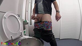 Gay Guy Jerks Off Huge Cock with Cumshot Creampie in Moving Train Toilet Fetish