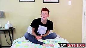 Twink spreads ass wide and jerks to explosive cumshot. Redhead casting heats up.
