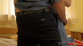 gay foot lover gives footjob and handjob before riding cock with blowjob, cumshot, and hardcore ass fucking.