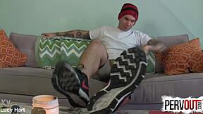 Tattooed guy creeps on feet in socks
