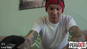 Tattooed guy creeps on feet in socks
