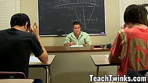 Inked Norwegian twinks get pounded hard by big cock stud teacher in intense threesome cumshot