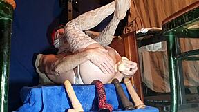 hey, check out this soloboy in nylons rocking two dildos from his collection for some wild fun