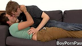 two young slim twinks enjoy deepthroat blowjob sucking and monster cock anal sex with handjob cumshot