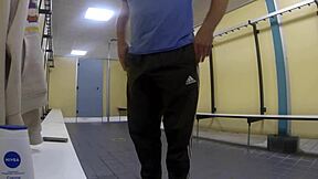 Hey, ever been to a public pool and checked out the men's changing room scene with outdoor vibes and solo moments?