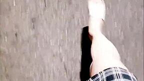 Asian Ladyboy Outdoor Masturbation with Cumshot on Legs